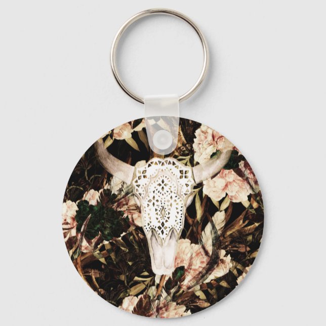 Ethnic watercolor: retro floral background. key ring (Front)