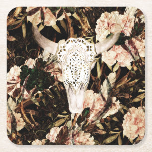 Ethnic watercolor: retro floral background. square paper coaster