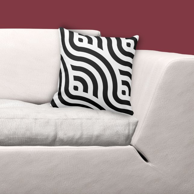 Ethnic White Wave Pattern Black Cushion (Regular White Wave Pattern Black Throw Pillow, custom color possible)