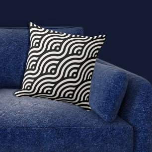 Ethnic White Wave Pattern Black Cushion