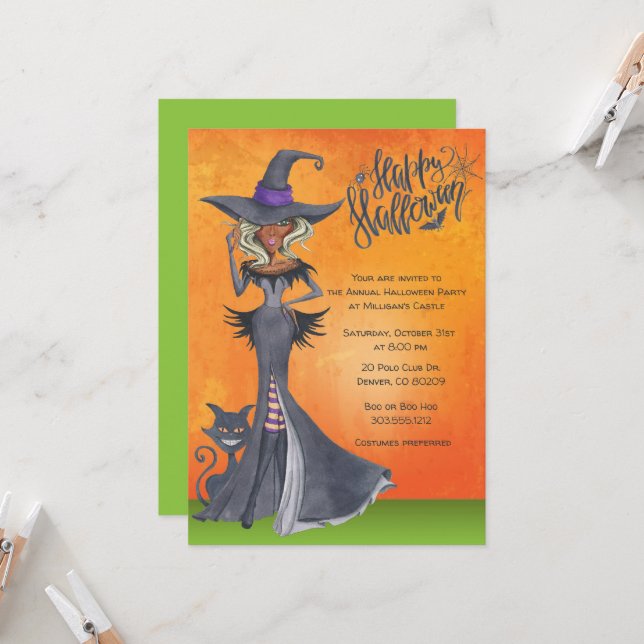 Ethnic Witch Halloween Invitation, Costume Party Invitation (Front/Back In Situ)