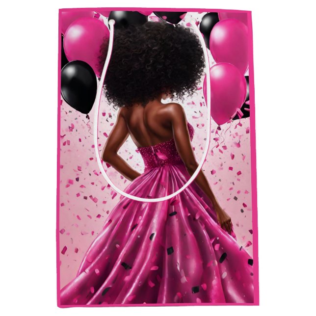 Ethnic Woman Pink & Black Elegant Birthday   Medium Gift Bag (Front)