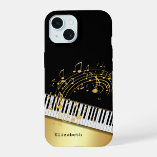 ETrendy Black Gold Music Notes,Piano Keys iPhone 15 Case