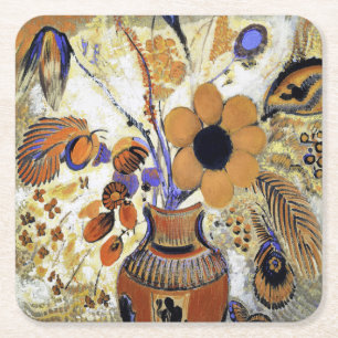 Etruscan Vase with Flowers, Redon Square Paper Coaster