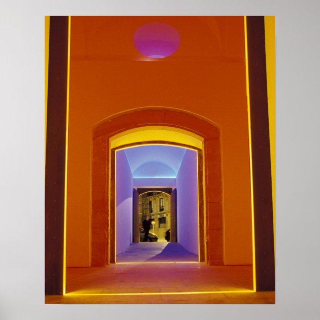 EU, Spain, Barcelona. Lit doorway near Picasso Poster (Front)