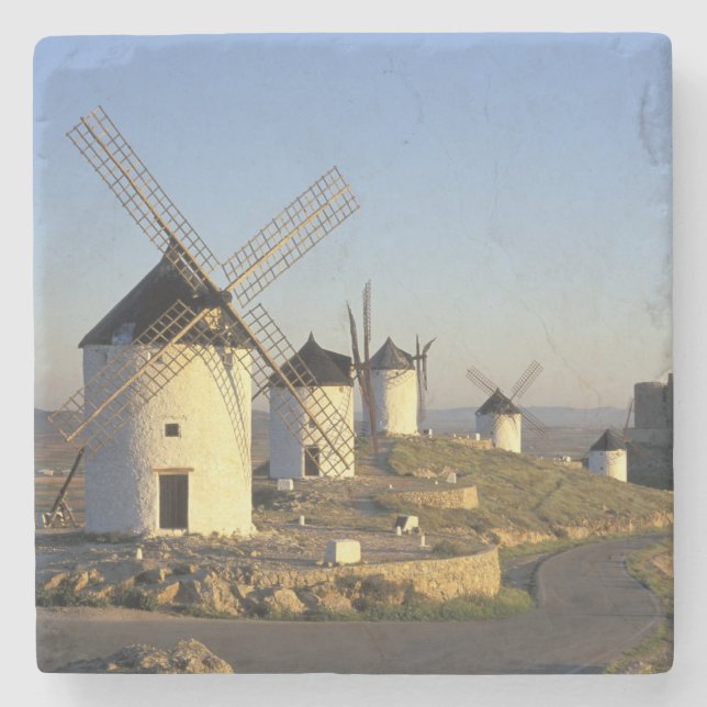 EU, Spain, La Mancha, Consuegra. Windmills and Stone Coaster (Front)