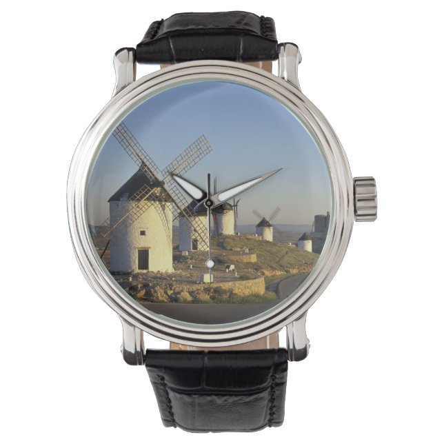 EU, Spain, La Mancha, Consuegra. Windmills and Watch (Front)