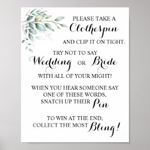 Eucaliptus Put a Clothespin BridalShower Game Sign