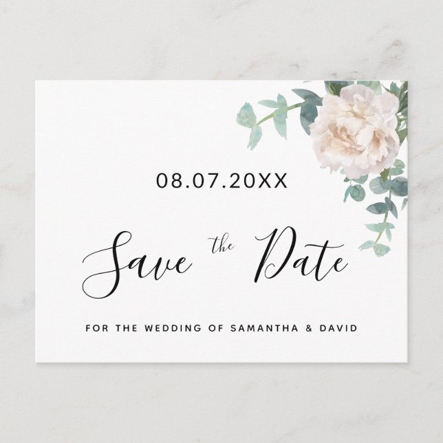 Eucaluptus floral greenery wedding save the date postcard (Front)