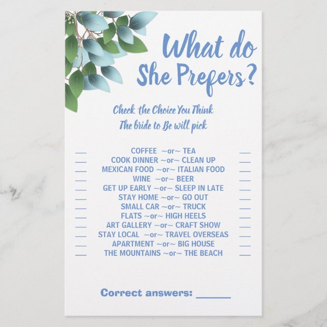 Eucalypt Would She prefer Bridal Shower Game Card (Front)