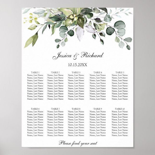 Eucalyptus 10 Tables Seating Chart Poster Sign (Front)