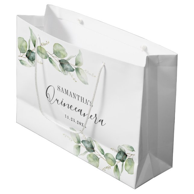 Eucalyptus 15th Birthday Greenery Quinceanera Large Gift Bag (Front Angled)