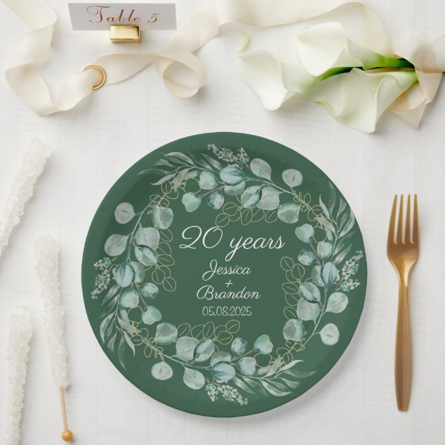 Eucalyptus 20th Emerald Wedding Anniversary  Paper Plate (Wedding)