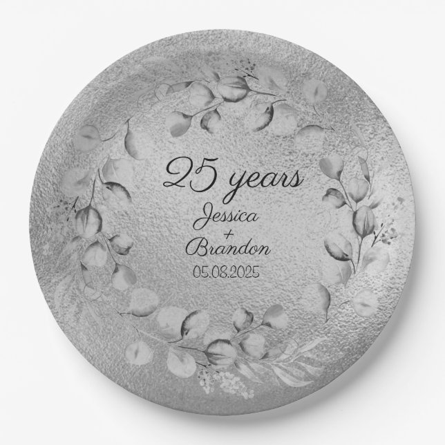 Eucalyptus 25th Silver Wedding Anniversary  Paper Plate (Front)