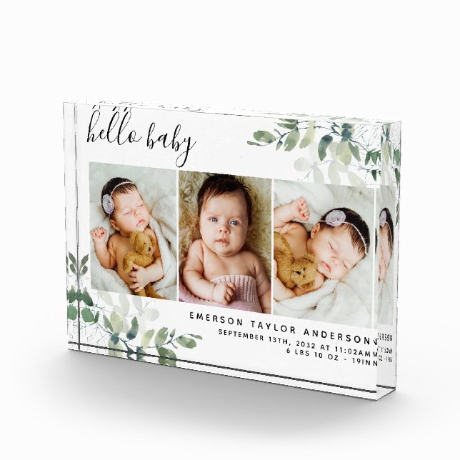 Eucalyptus 3 Photo Baby Birth Stats  Block (Right)