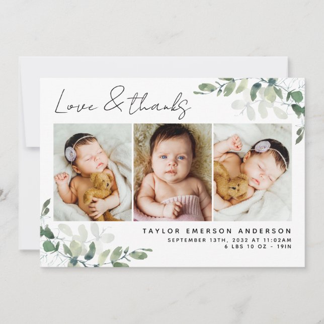 Eucalyptus 3 Photo Baby Birth Stats  Thank You Card (Front)