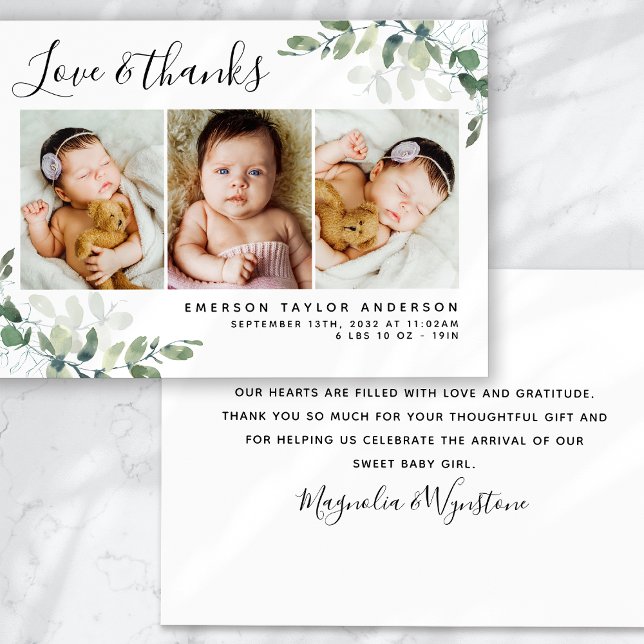 Eucalyptus 3 Photo Baby Birth Stats Thank You Card (Creator Uploaded)