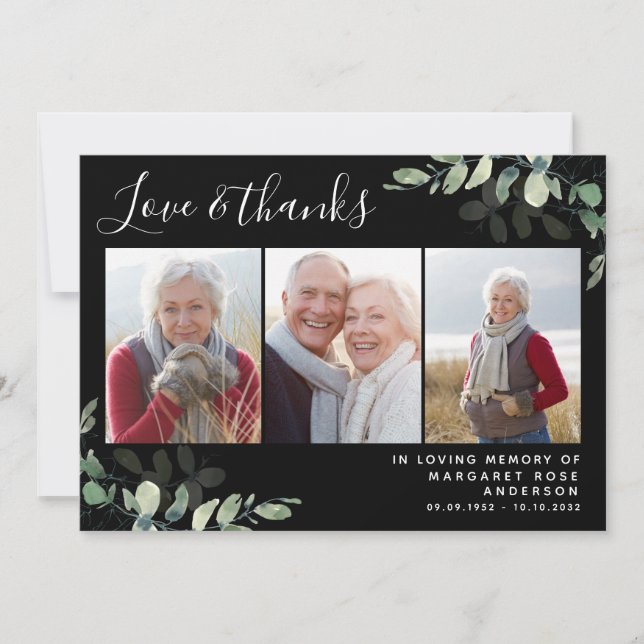 Eucalyptus 3 Photo Funeral Sympathy Thank You Card (Front)