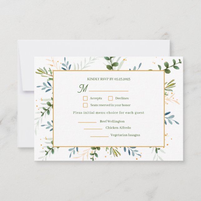 Eucalyptus 3 three meal choice wedding  RSVP card (Front)