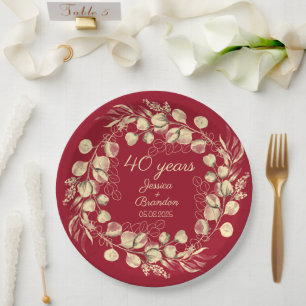Eucalyptus 40th Red Ruby Wedding Anniversary  Paper Plate