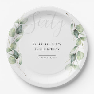 Eucalyptus 60th Adult Birthday Party Paper Plate