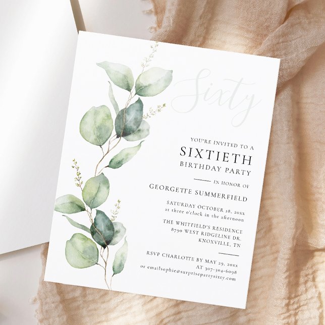Eucalyptus 60th Birthday Party Invitation (Eucalyptus Budget 60th Birthday Party Invitation)