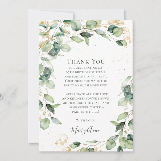 Eucalyptus 65th Birthday  Thank You Card (Front)