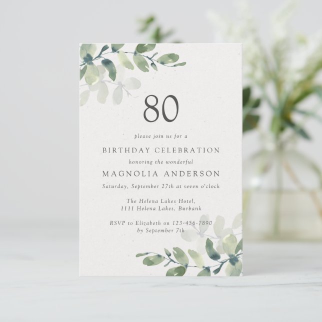 Eucalyptus 80th Birthday Party Invitation (Standing Front)