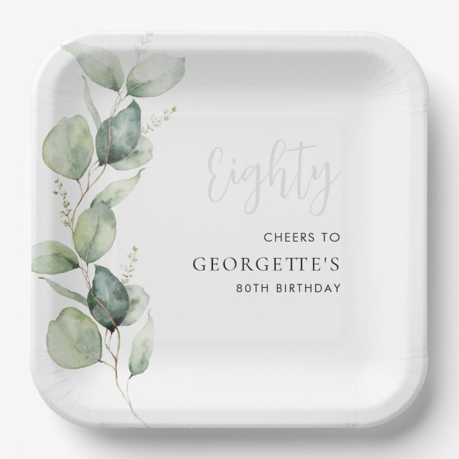Eucalyptus 80th Birthday Watercolor Paper Plate (Front)