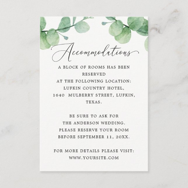Eucalyptus Accommodations | Wedding Hotel Info Enclosure Card (Front)