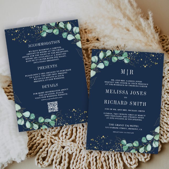 Eucalyptus All in One QR Code Navy Formal Wedding Invitation (Creator Uploaded)