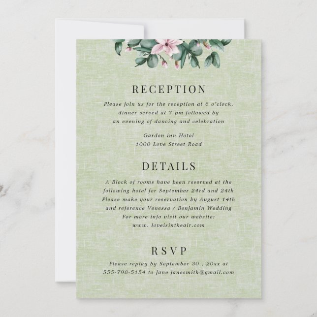Eucalyptus All in One Sage Green  Monogram Wedding Invitation (Back)
