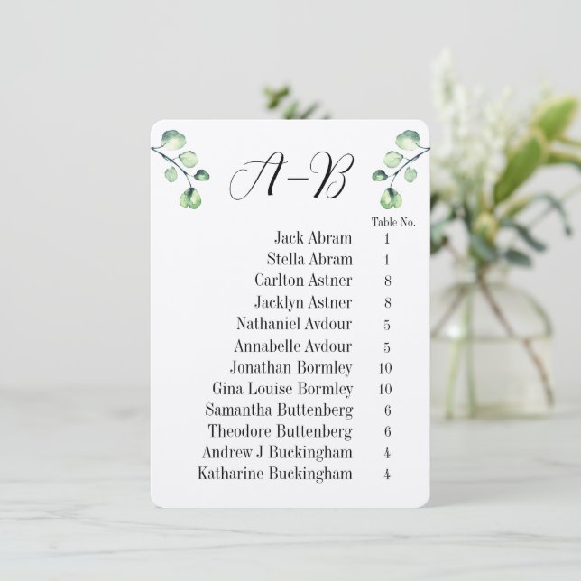 Eucalyptus Alphabetical 12 Guest Table Chart Cards (Standing Front)