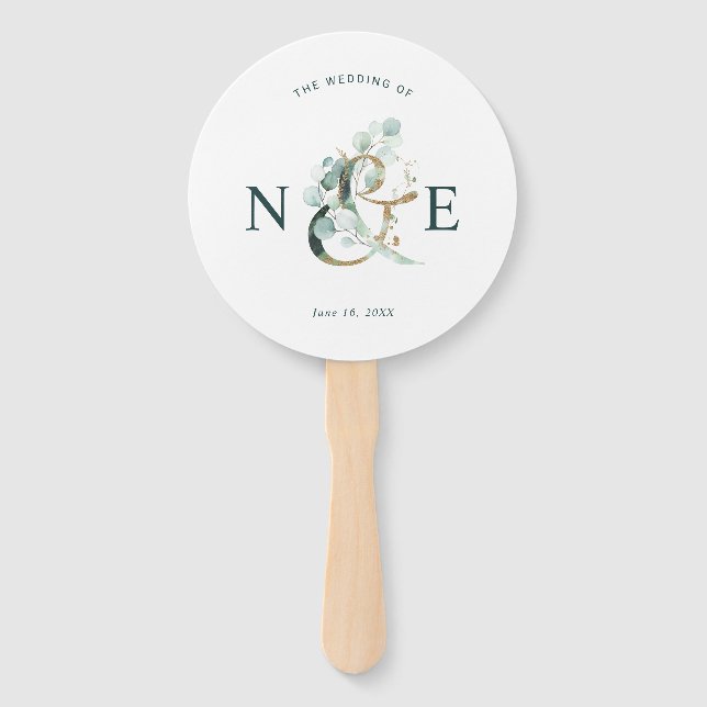 Eucalyptus Ampersand Gold Green Wedding Program Hand Fan (Front)