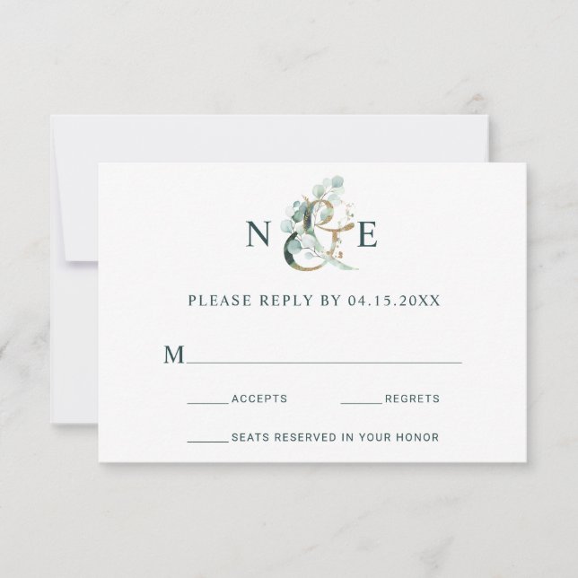 Eucalyptus Ampersand Gold Green Wedding RSVP Card (Front)