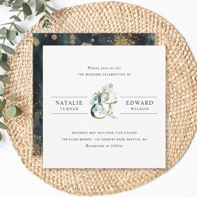 Eucalyptus Ampersand Gold Green Wedding Square Invitation (Front & Back)
