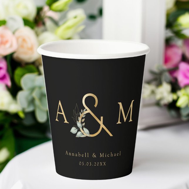 Eucalyptus Ampersand Wedding Paper Cups (Eucalyptus Ampersand Wedding Paper Cups, Black,Gold, Botanical.)