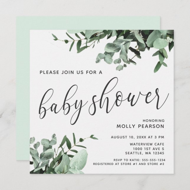Eucalyptus and Botanical Watercolor Baby Shower Invitation (Front/Back)