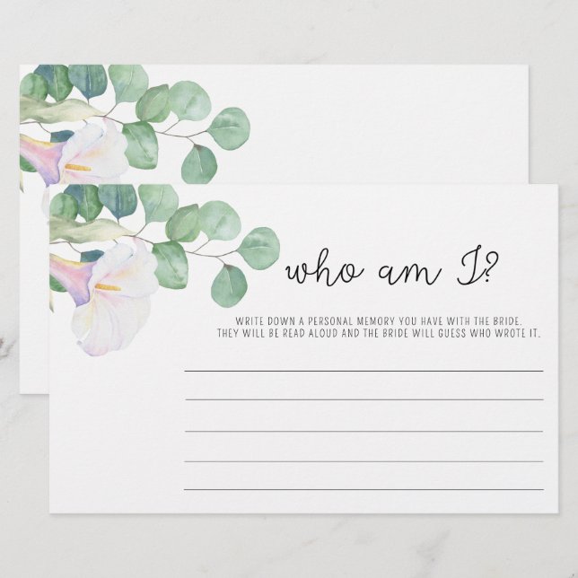 Eucalyptus and calla - Who am I bridal shower game Stationery (Front/Back)