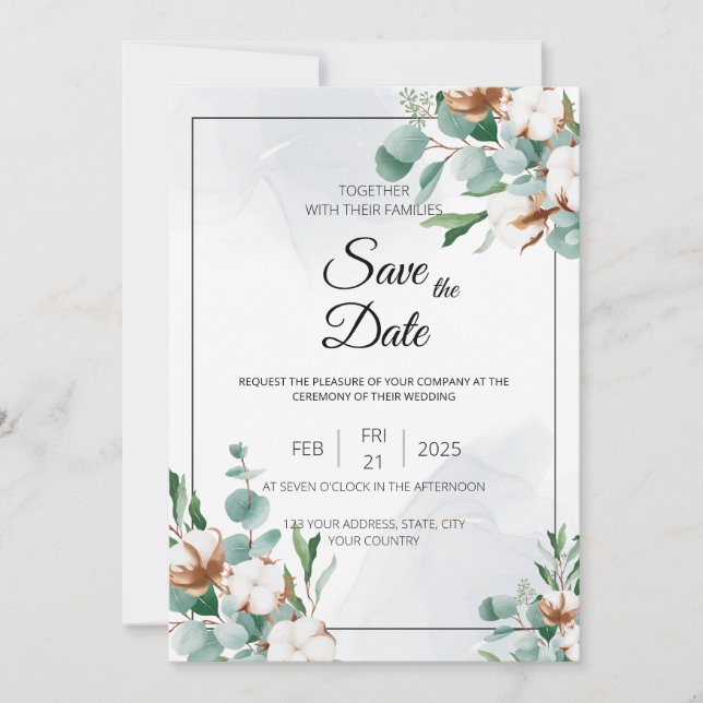 Eucalyptus and Cotton Bliss Invitation (Front)