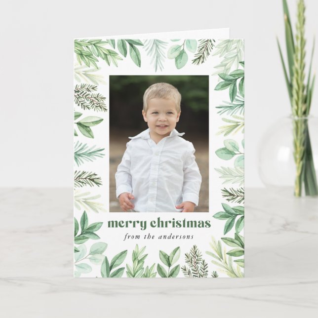 Eucalyptus and Evergreen 2 Photo Holiday Card (Front)