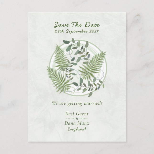 Eucalyptus and Fern Rings, Save The Date Wedding Postcard (Front)