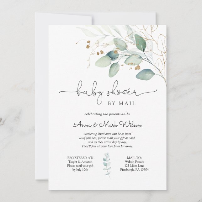 Eucalyptus and Gold Baby Shower by Mail Invitation (Front)