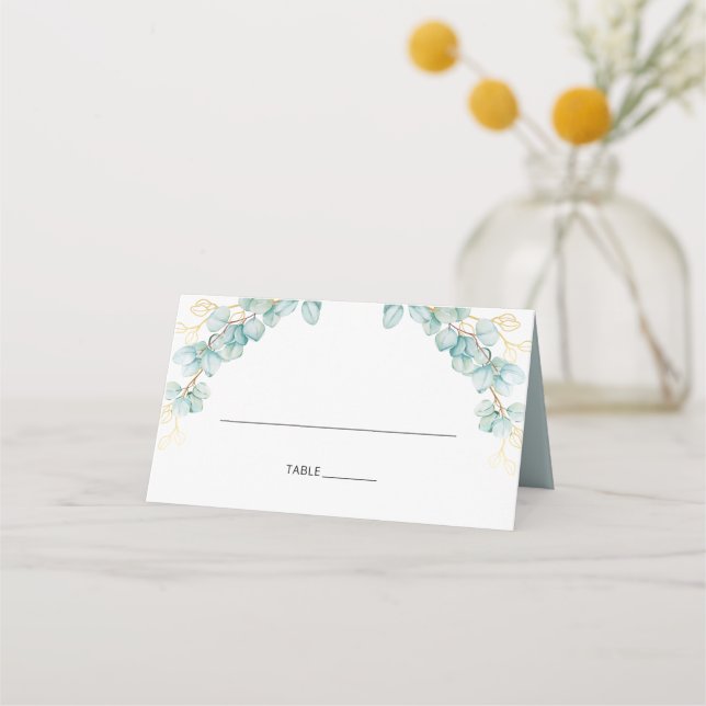 Eucalyptus and Gold Botanicals Wedding Place Card (Front)