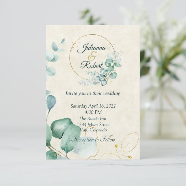 Eucalyptus and gold budget wedding invitation (Standing Front)