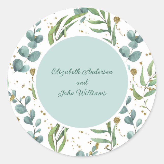Eucalyptus And Gold Couple Wedding Classic Round Sticker (Front)