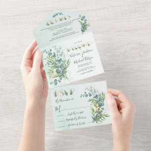 Eucalyptus and Gold Fern Botanical Wedding All In One Invitation
