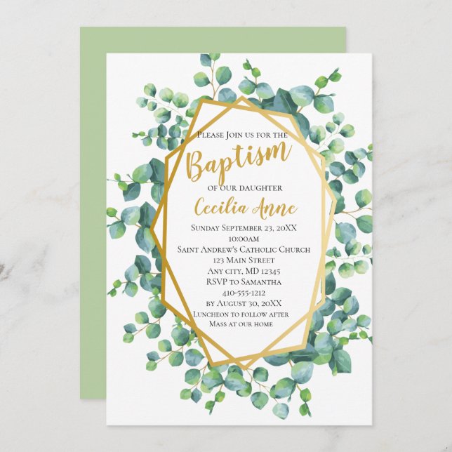 Eucalyptus and Gold Frame Green Floral Baptism Invitation (Front/Back)