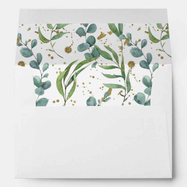 Eucalyptus And Gold Glitter Inside Elegant Envelope (Back (Bottom))
