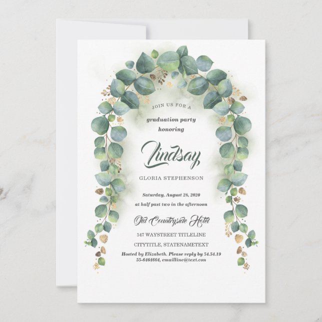 Eucalyptus and Gold Greenery Graduation Party Invitation (Front)